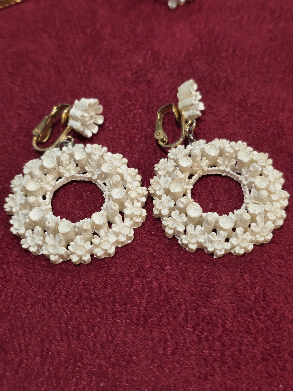 Vintage Carved Celluloid Floral Clip-on Earrings